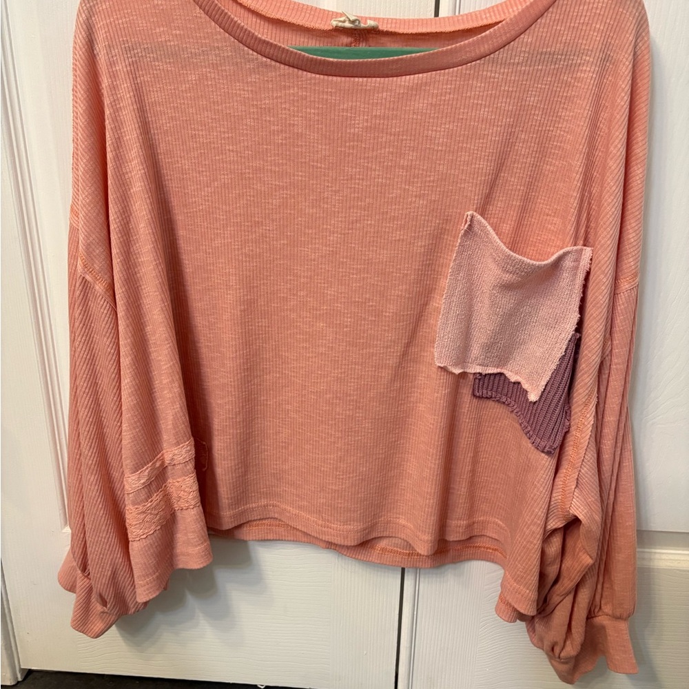 POL Peach Long Sleeve Top with Pocket Accent